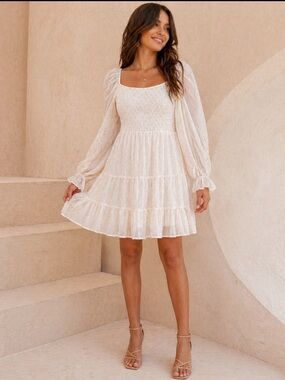 Altar’d State smocked White with Metallic Dots mini dress size Medium